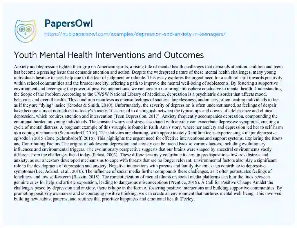 Essay on Youth Mental Health Interventions and Outcomes