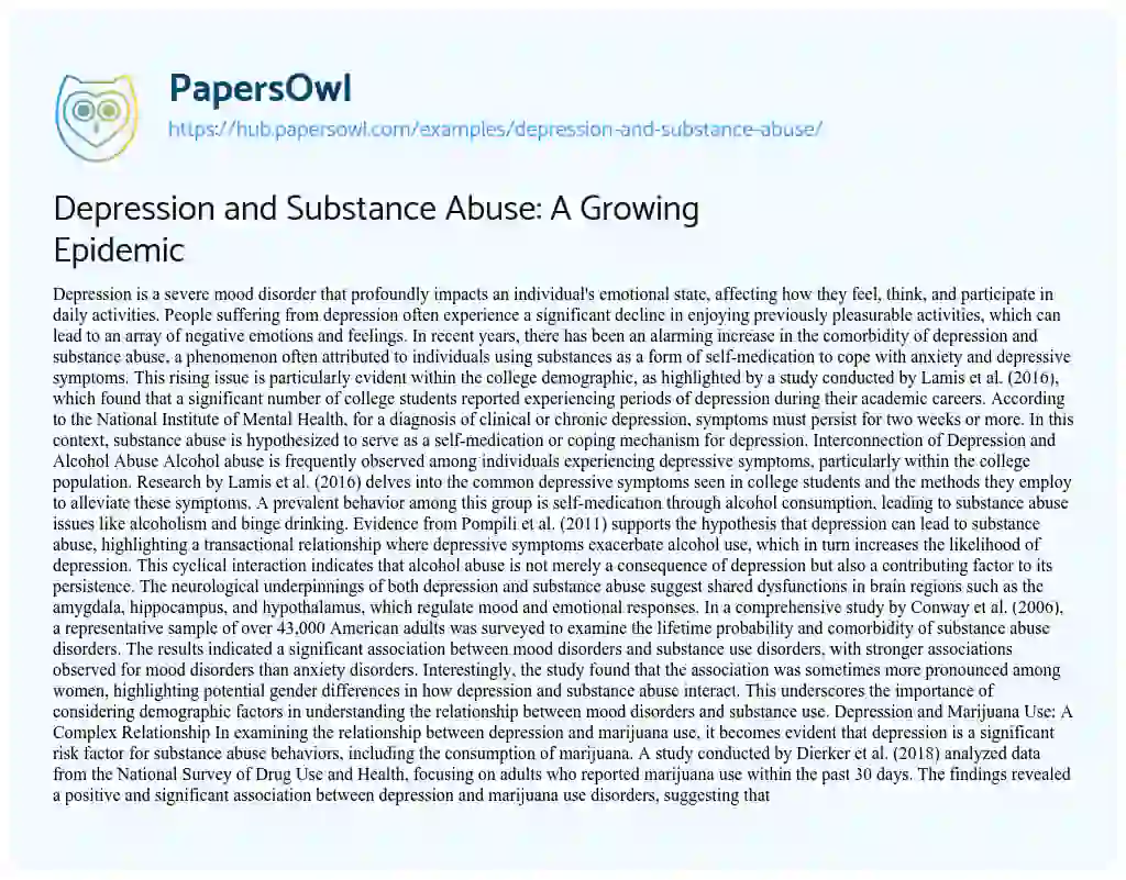 Essay on Depression and Substance Abuse: A Growing Epidemic