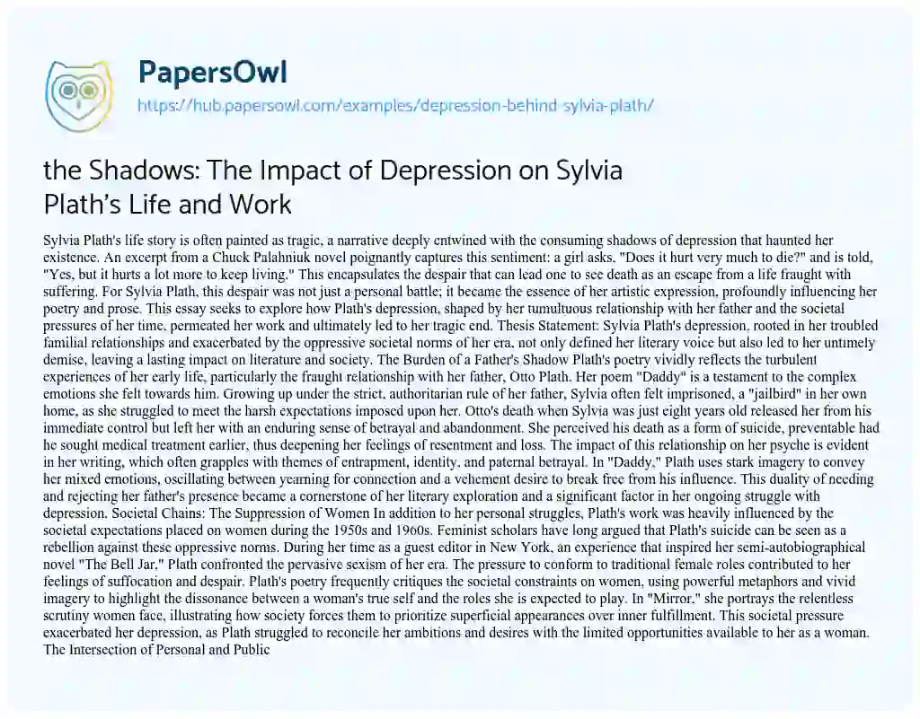 Essay on the Shadows: The Impact of Depression on Sylvia Plath’s Life and Work