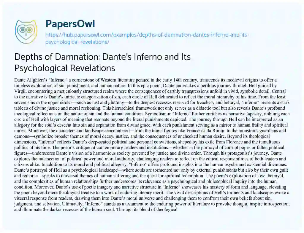 Essay on Depths of Damnation: Dante’s Inferno and Its Psychological Revelations