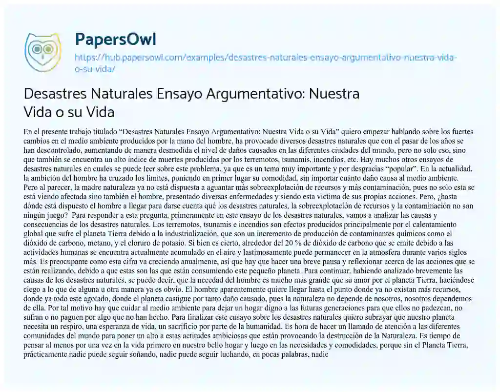 Essay on Desastres Naturales Ensayo Argumentativo: Nuestra Vida o su Vida