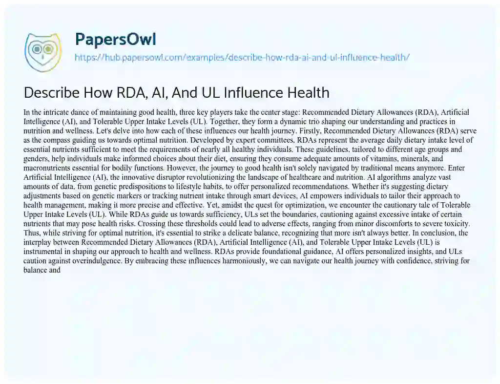 Essay on Describe How RDA, AI, And UL Influence Health