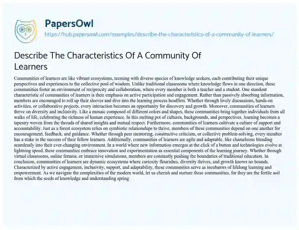 Essay on Describe The Characteristics Of A Community Of Learners
