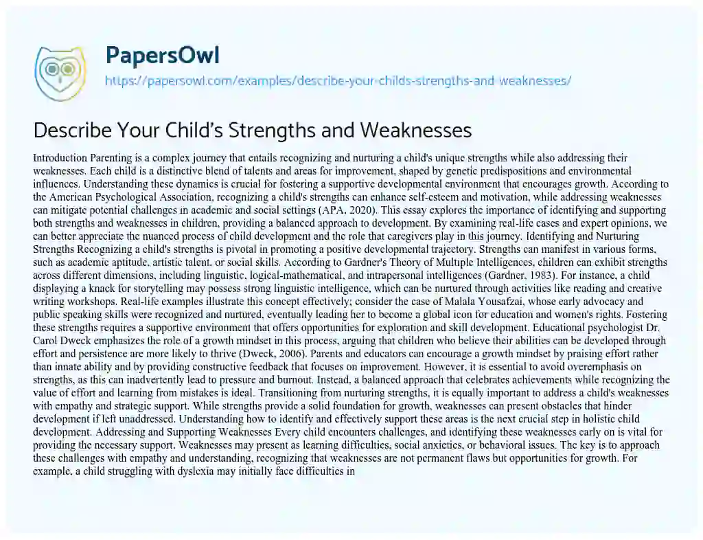 Essay on Describe Your Child’s Strengths and Weaknesses