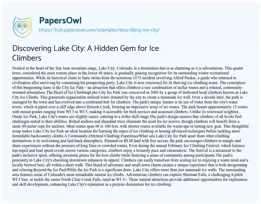 Essay on Discovering Lake City: A Hidden Gem for Ice Climbers