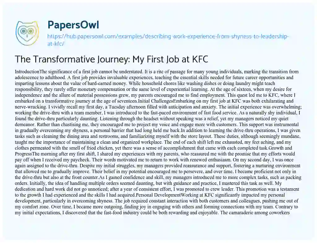 Essay on The Transformative Journey: My First Job at KFC