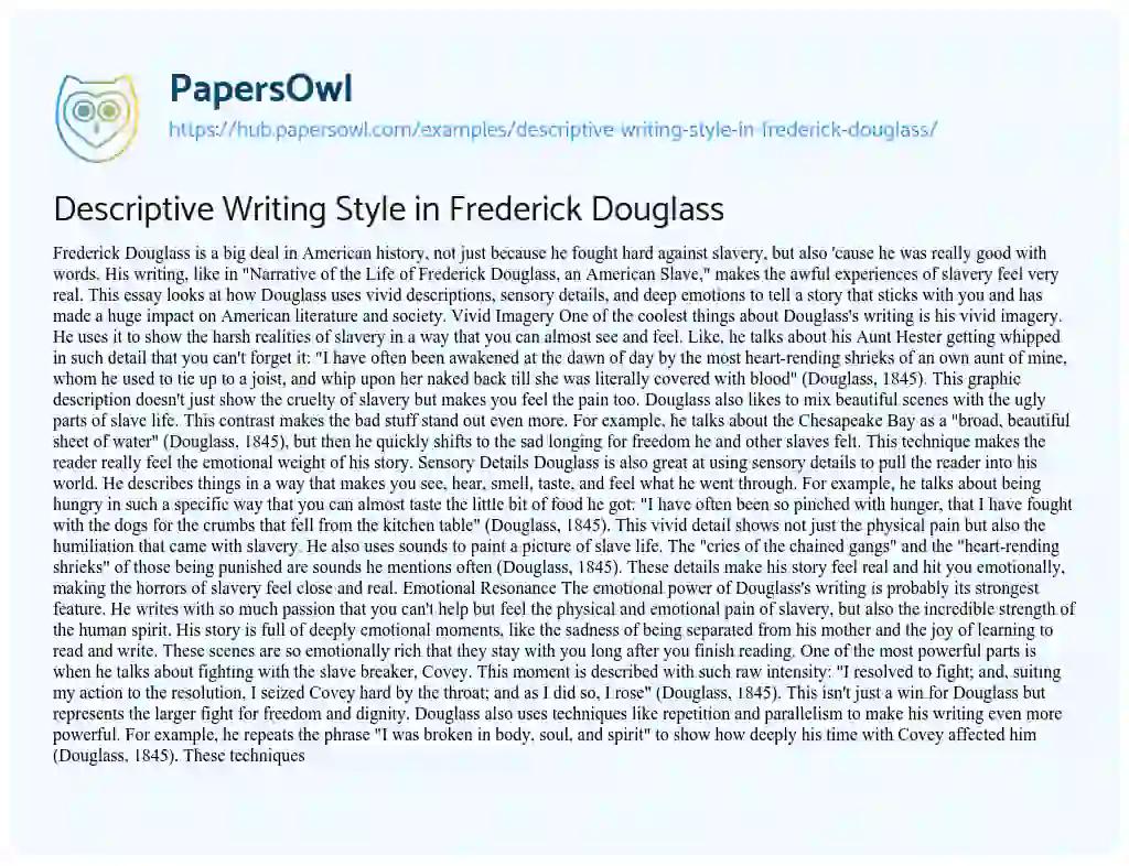 Essay on Descriptive Writing Style in Frederick Douglass