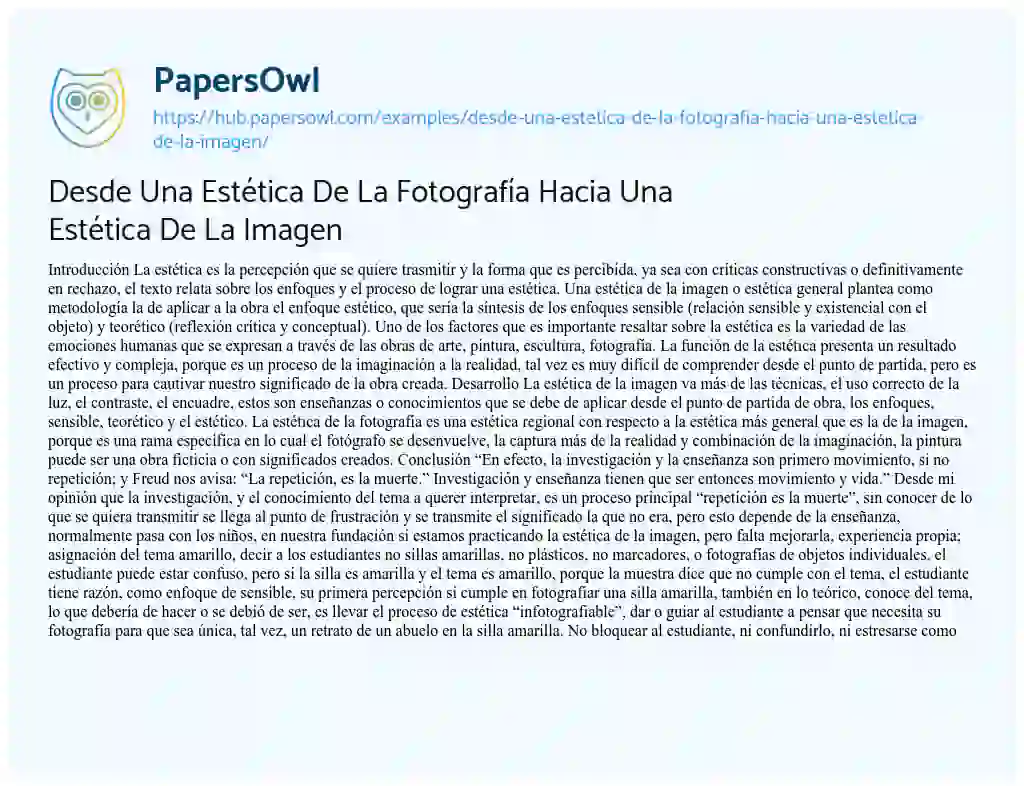 Essay on Desde Una Estética De La Fotografía Hacia Una Estética De La Imagen