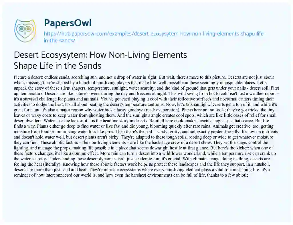 Essay on Desert Ecosysytem: How Non-Living Elements Shape Life in the Sands
