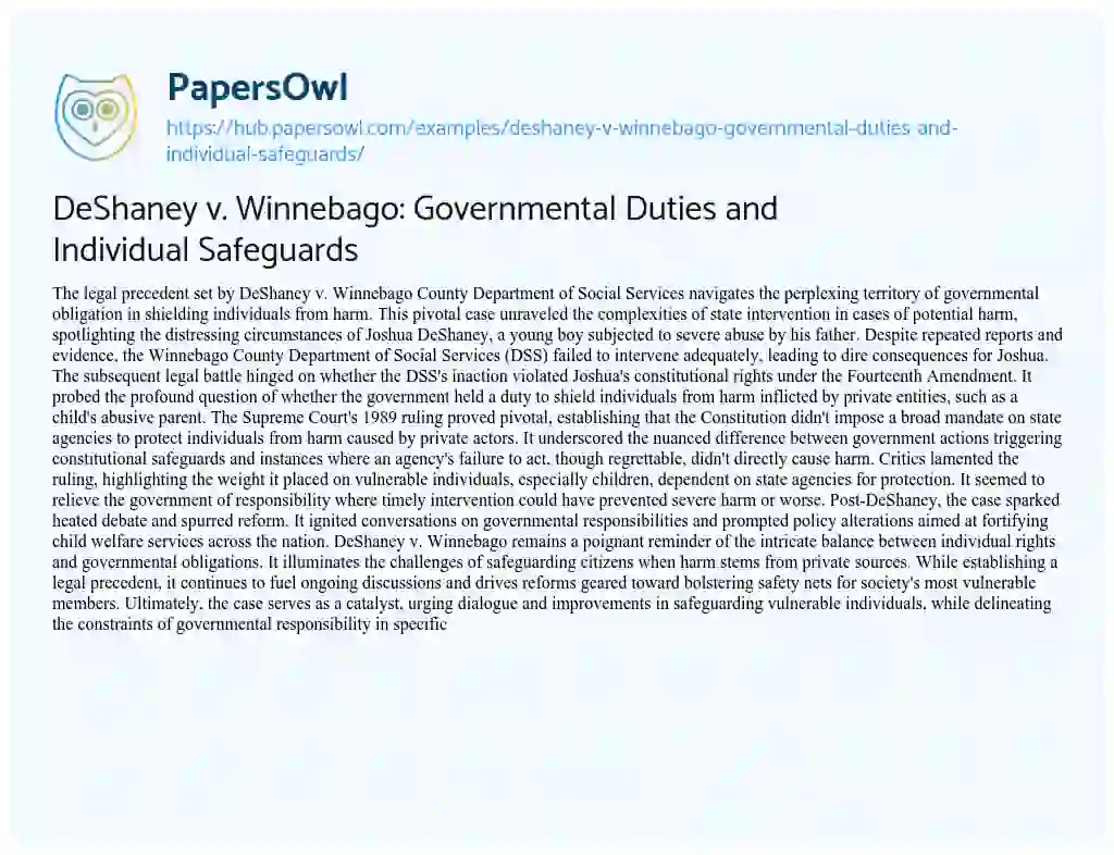 Essay on DeShaney v. Winnebago: Governmental Duties and Individual Safeguards