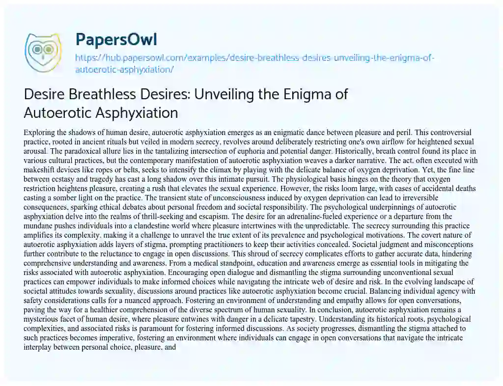 Essay on Desire Breathless Desires: Unveiling the Enigma of Autoerotic Asphyxiation