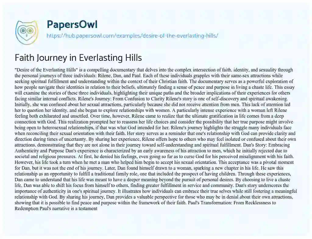 Essay on Faith Journey in Everlasting Hills