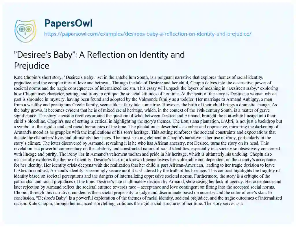 Essay on “Desiree’s Baby”: A Reflection on Identity and Prejudice