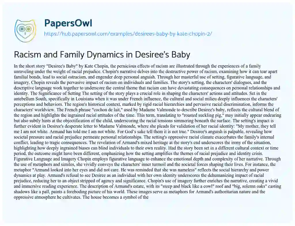 Essay on Racism and Family Dynamics in Desiree’s Baby