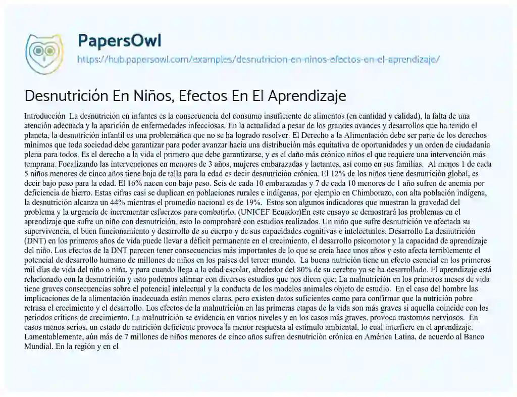 Essay on Desnutrición En Niños, Efectos En El Aprendizaje