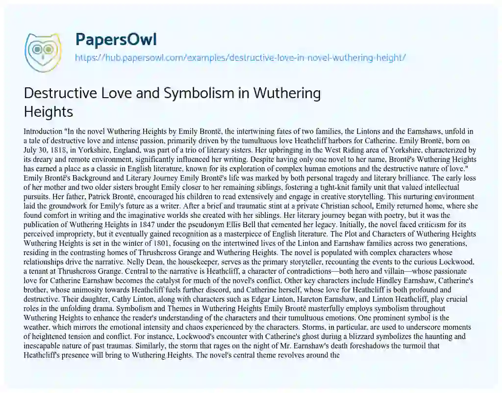 Essay on Destructive Love and Symbolism in Wuthering Heights