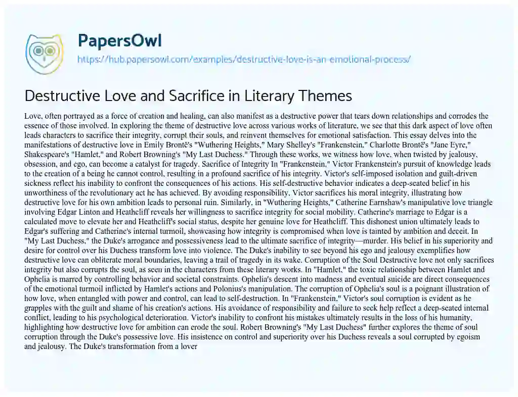 Essay on Destructive Love and Sacrifice in Literary Themes