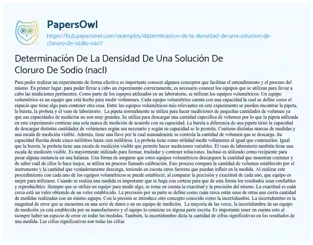 Essay on Determinación De La Densidad De Una Solución De Cloruro De Sodio (nacl)