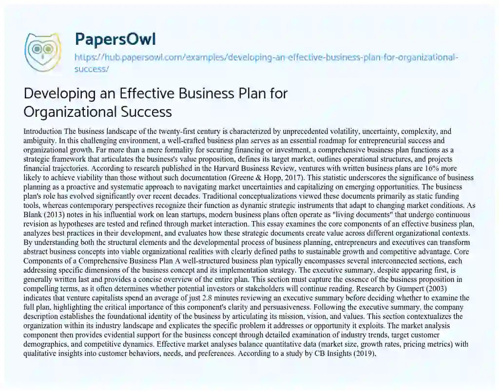 Essay on Developing an Effective Business Plan for Organizational Success
