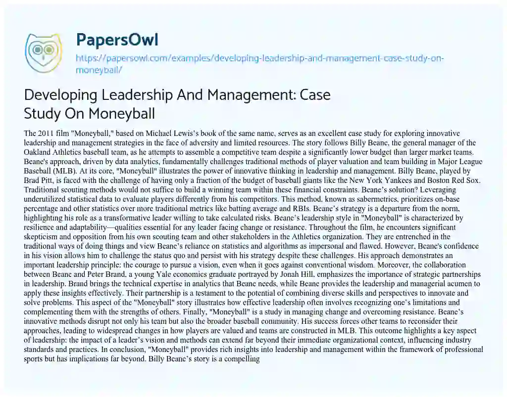 Essay on Developing Leadership And Management: Case Study On Moneyball