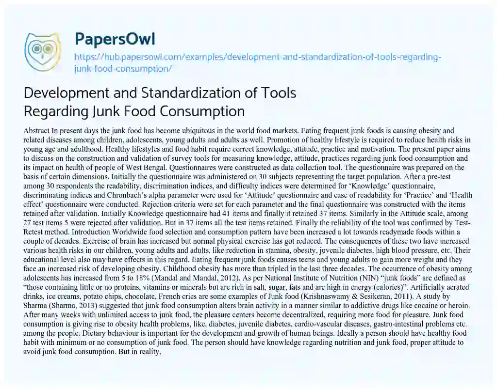 Essay on Development and Standardization of Tools Regarding Junk Food Consumption