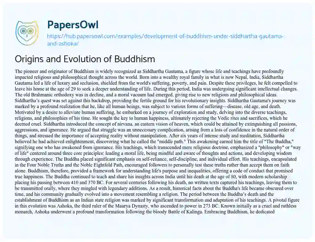 Essay on Origins and Evolution of Buddhism