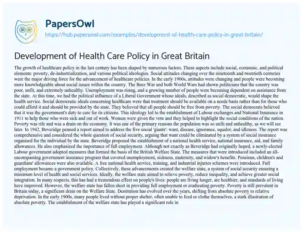 Essay on Development of Health Care Policy in Great Britain