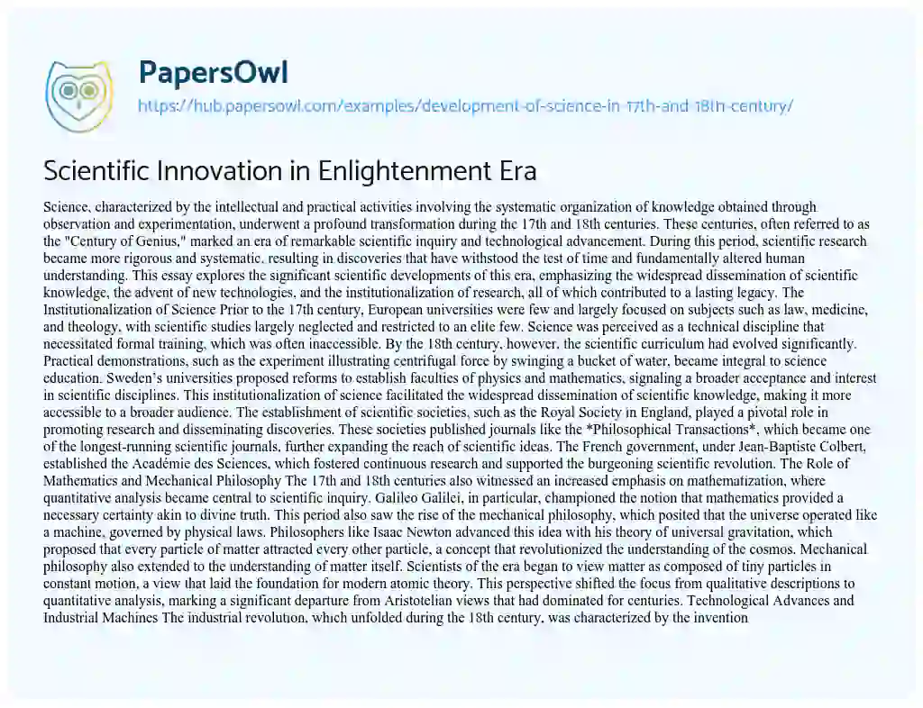 Essay on Scientific Innovation in Enlightenment Era
