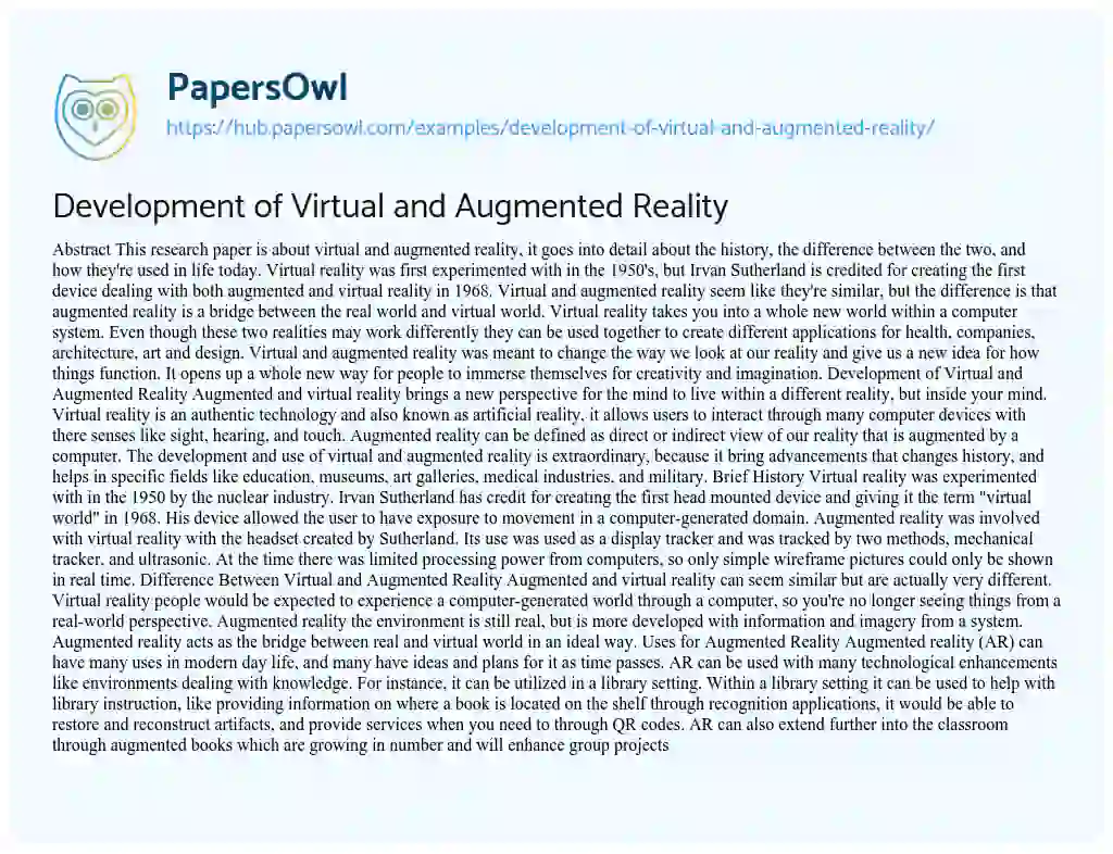 Essay on Development of Virtual and Augmented Reality