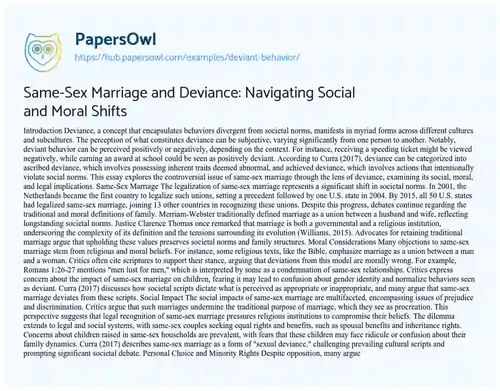 Essay on Same-Sex Marriage and Deviance: Navigating Social and Moral Shifts