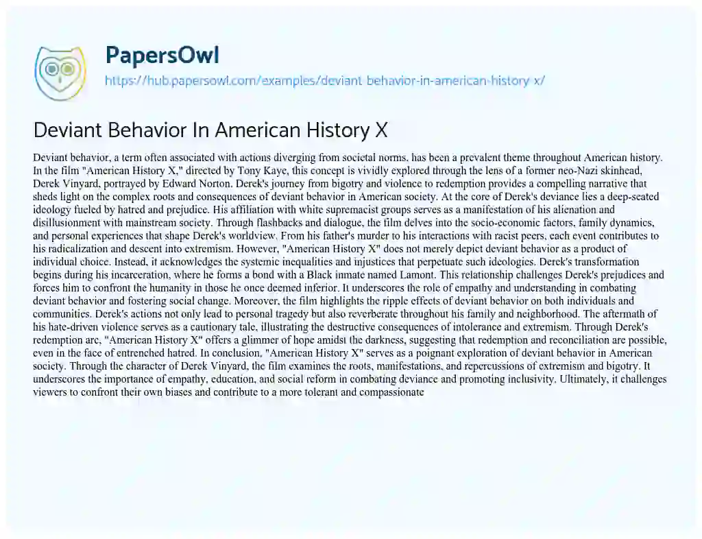 Essay on Deviant Behavior In American History X