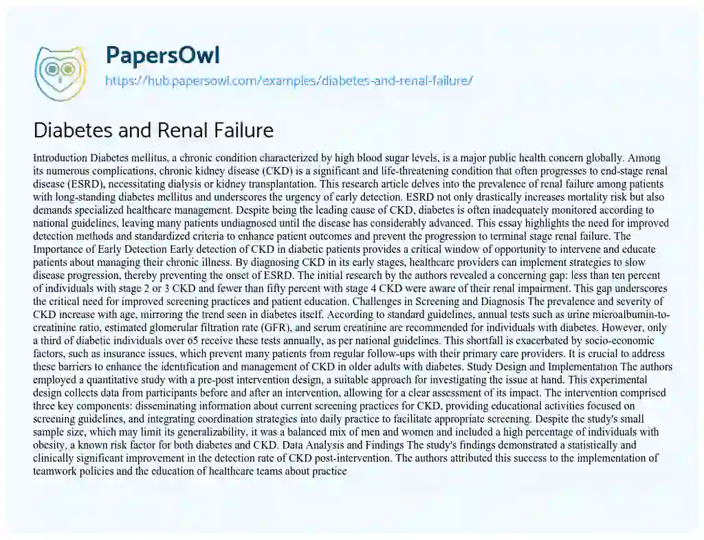 Essay on Diabetes and Renal Failure