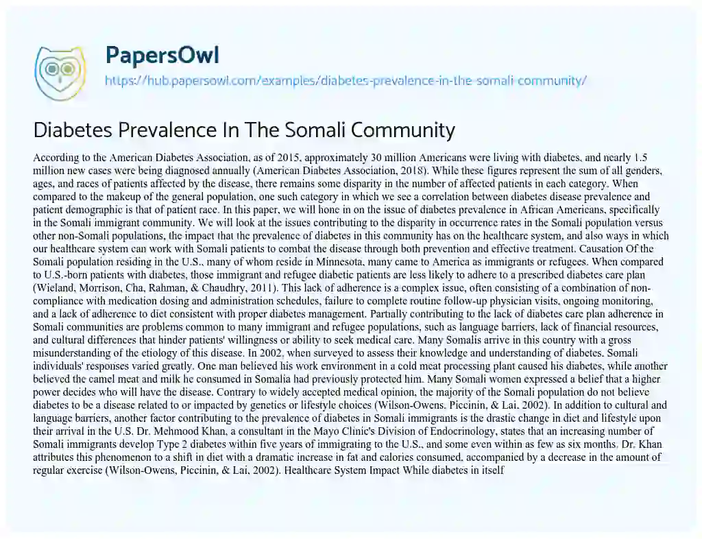 Essay on Diabetes Prevalence In The Somali Community