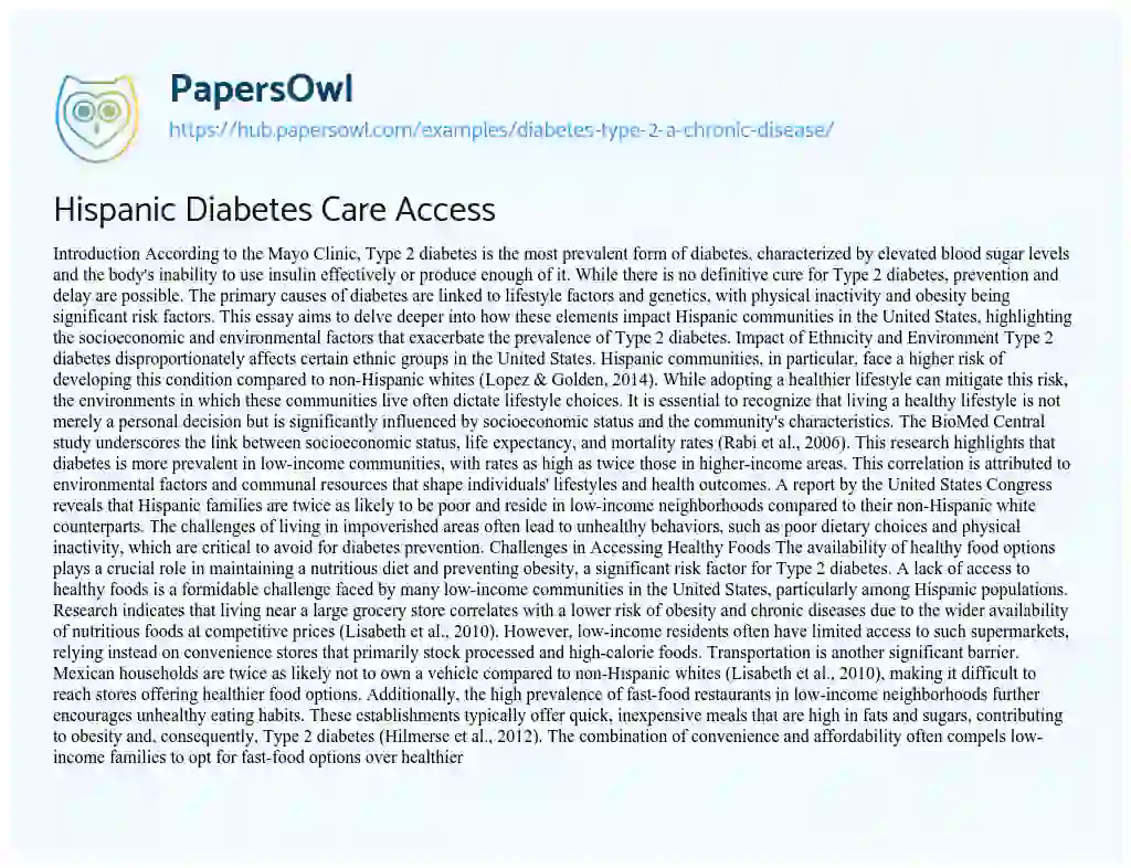 Essay on Hispanic Diabetes Care Access