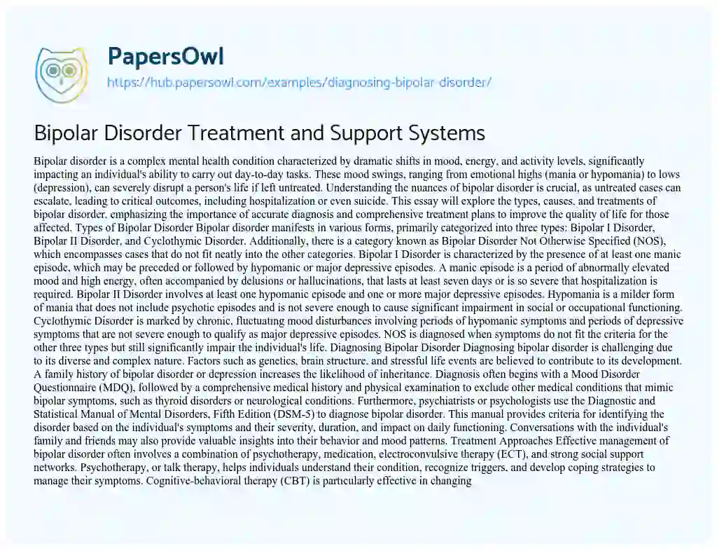 Essay on Bipolar Disorder Treatment and Support Systems