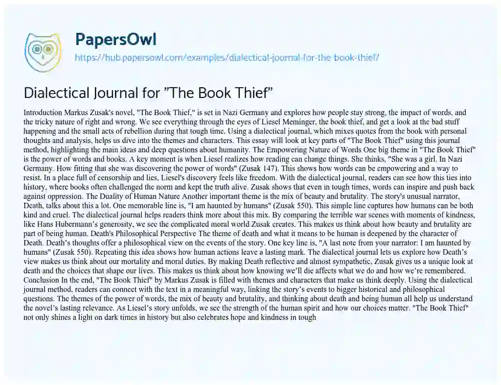 Essay on Dialectical Journal for “The Book Thief”