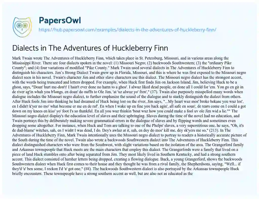 Essay on Dialects in The Adventures of Huckleberry Finn