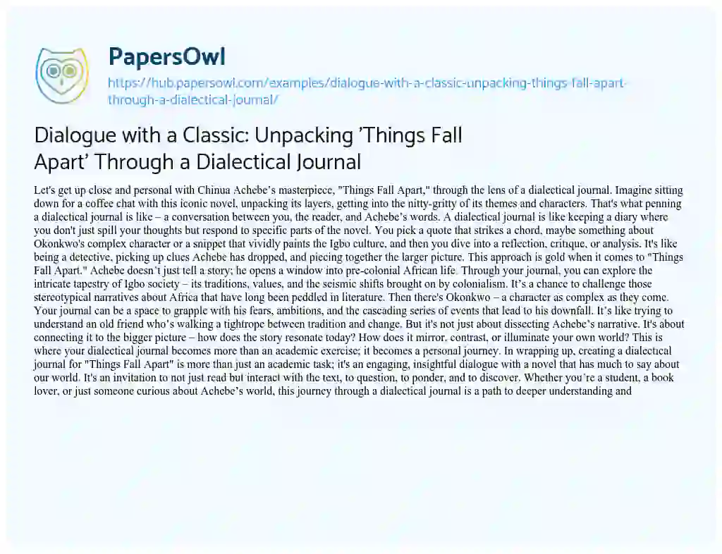 Essay on Dialogue with a Classic: Unpacking ‘Things Fall Apart’ Through a Dialectical Journal