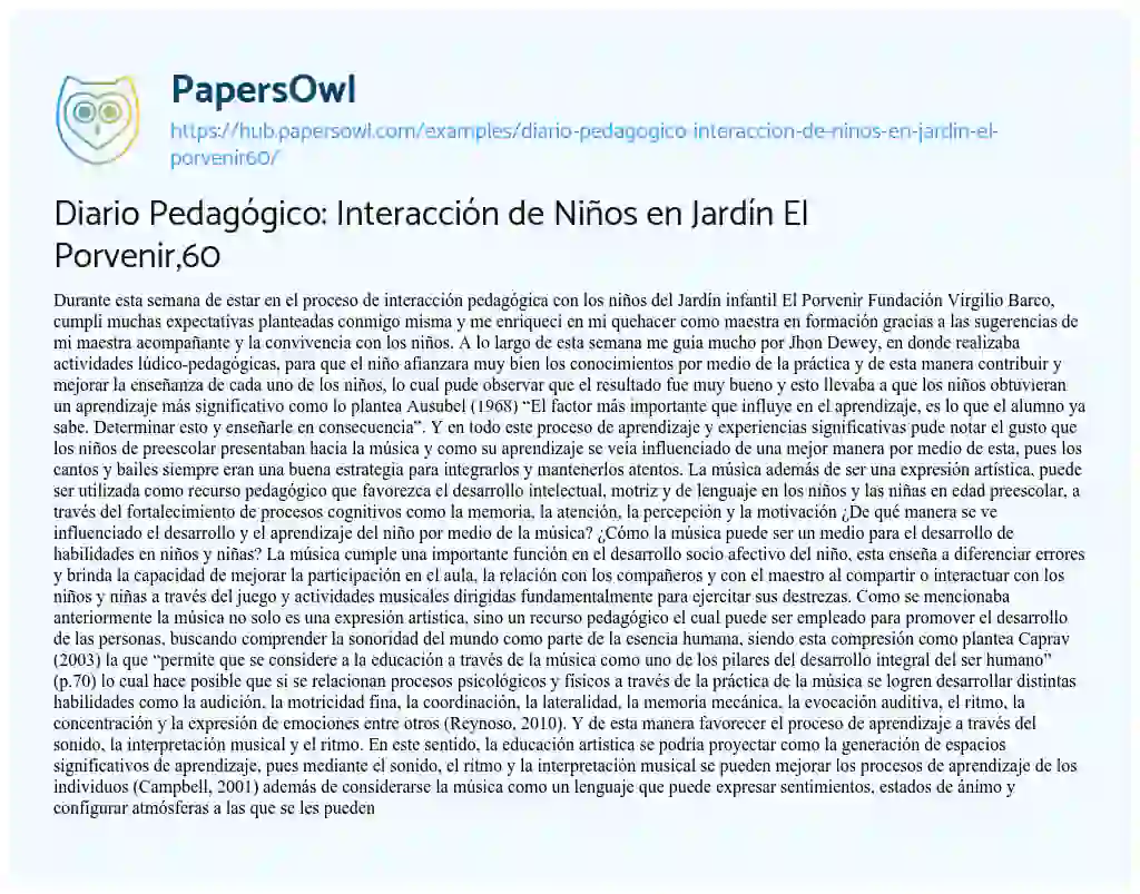 Essay on Diario Pedagógico: Interacción de Niños en Jardín El Porvenir,60