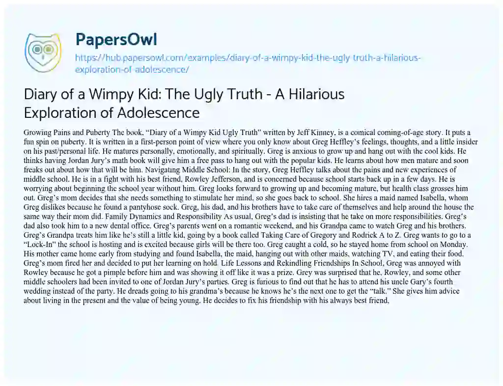 Essay on Diary of a Wimpy Kid: The Ugly Truth – A Hilarious Exploration of Adolescence