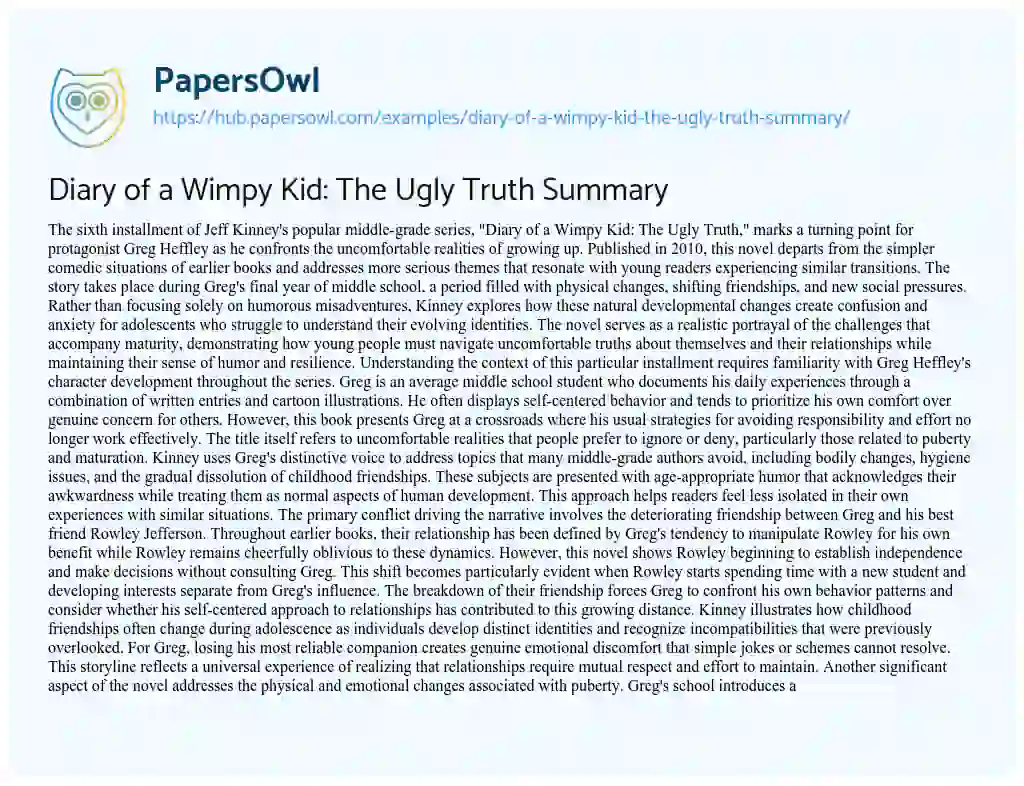 Essay on Diary of a Wimpy Kid: The Ugly Truth Summary
