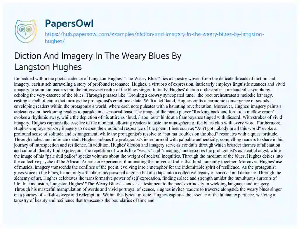 Essay on Diction And Imagery In The Weary Blues By Langston Hughes