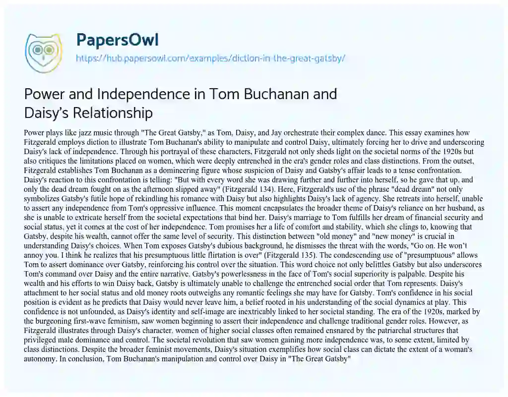 Essay on Power and Independence in Tom Buchanan and Daisy’s Relationship