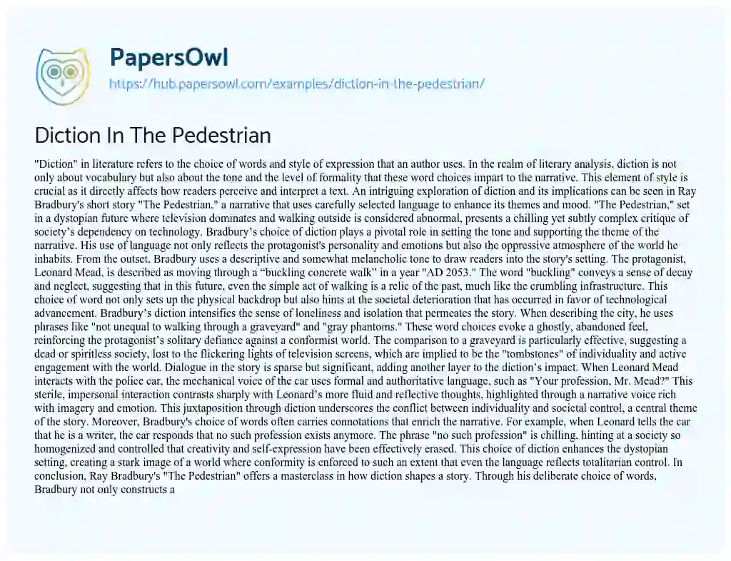 Essay on Diction In The Pedestrian