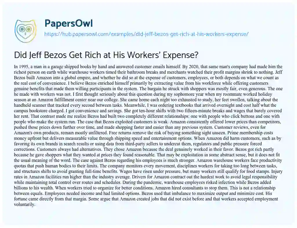 Essay on Did Jeff Bezos Get Rich at His Workers’ Expense?