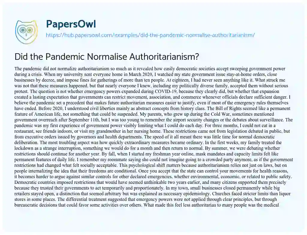 Essay on Did the Pandemic Normalise Authoritarianism?