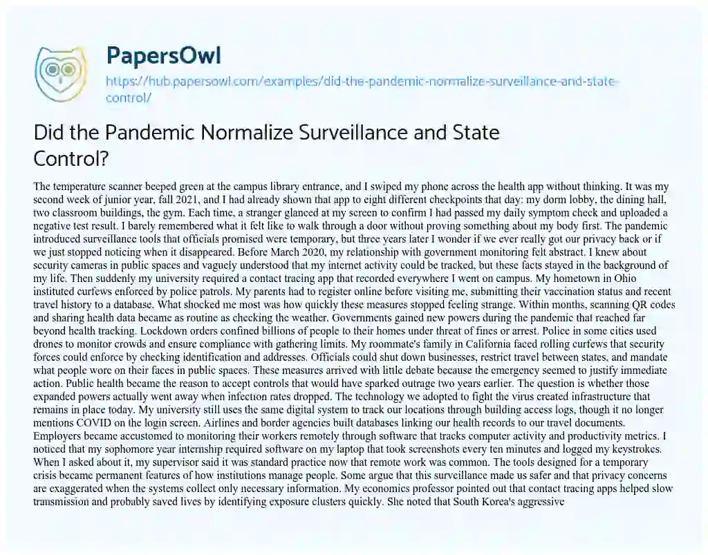 Essay on Did the Pandemic Normalize Surveillance and State Control?