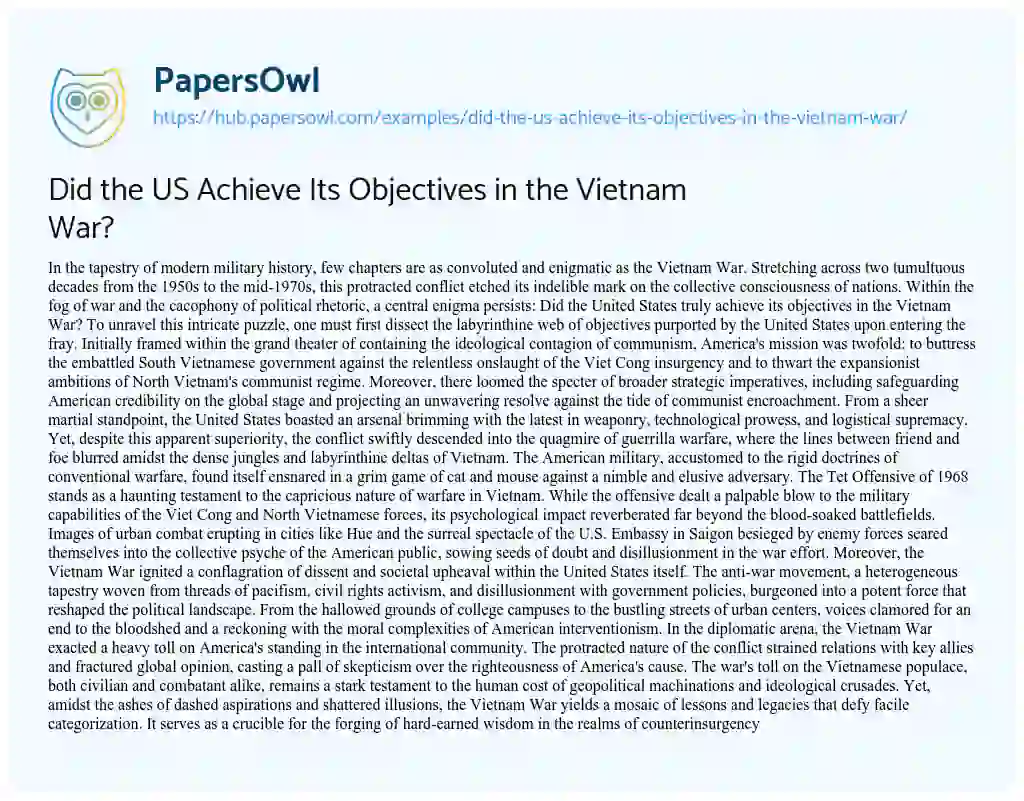 Essay on Did the US Achieve Its Objectives in the Vietnam War?