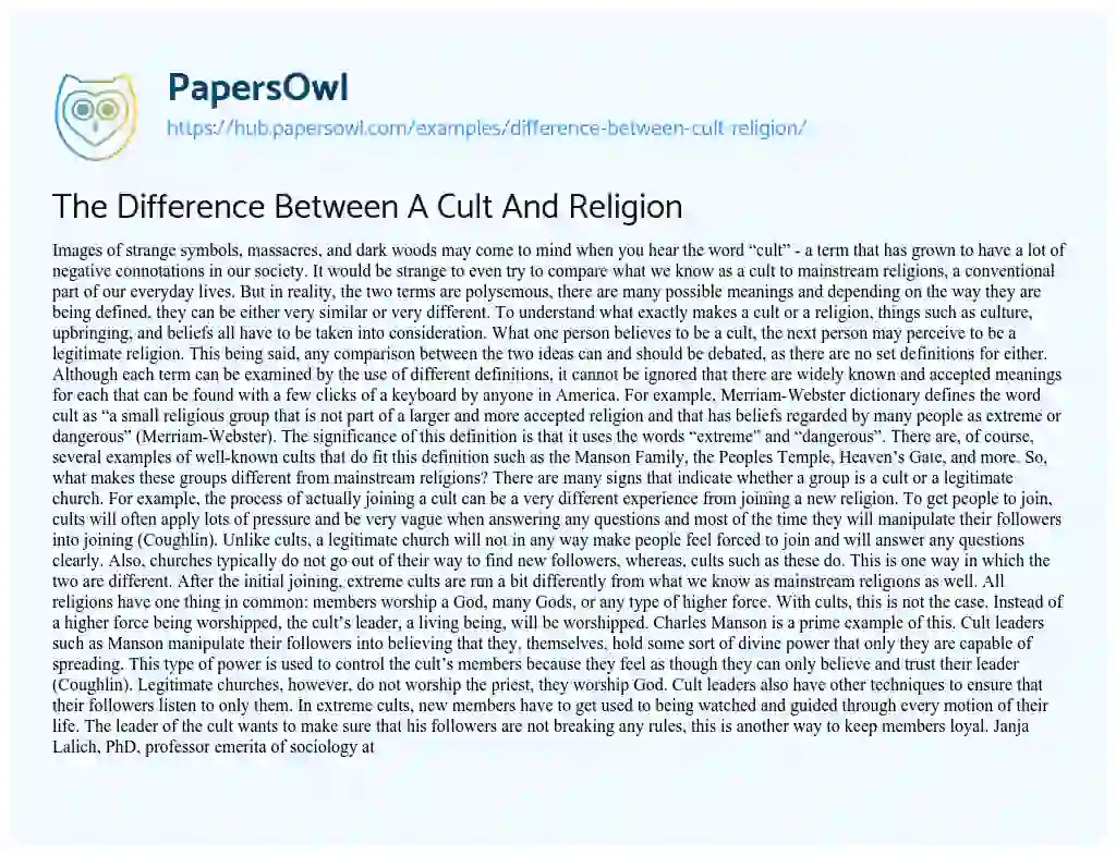 Essay on The Difference Between A Cult And Religion