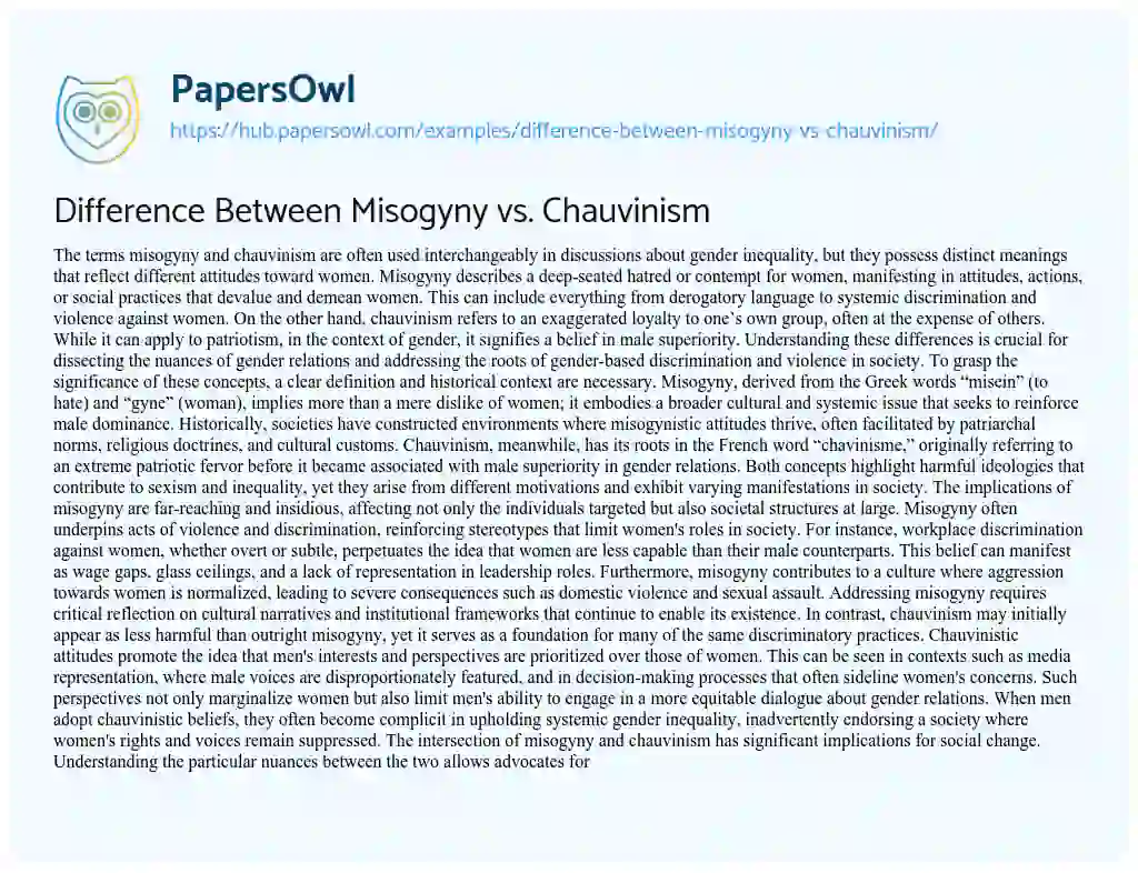 Essay on Difference Between Misogyny vs. Chauvinism